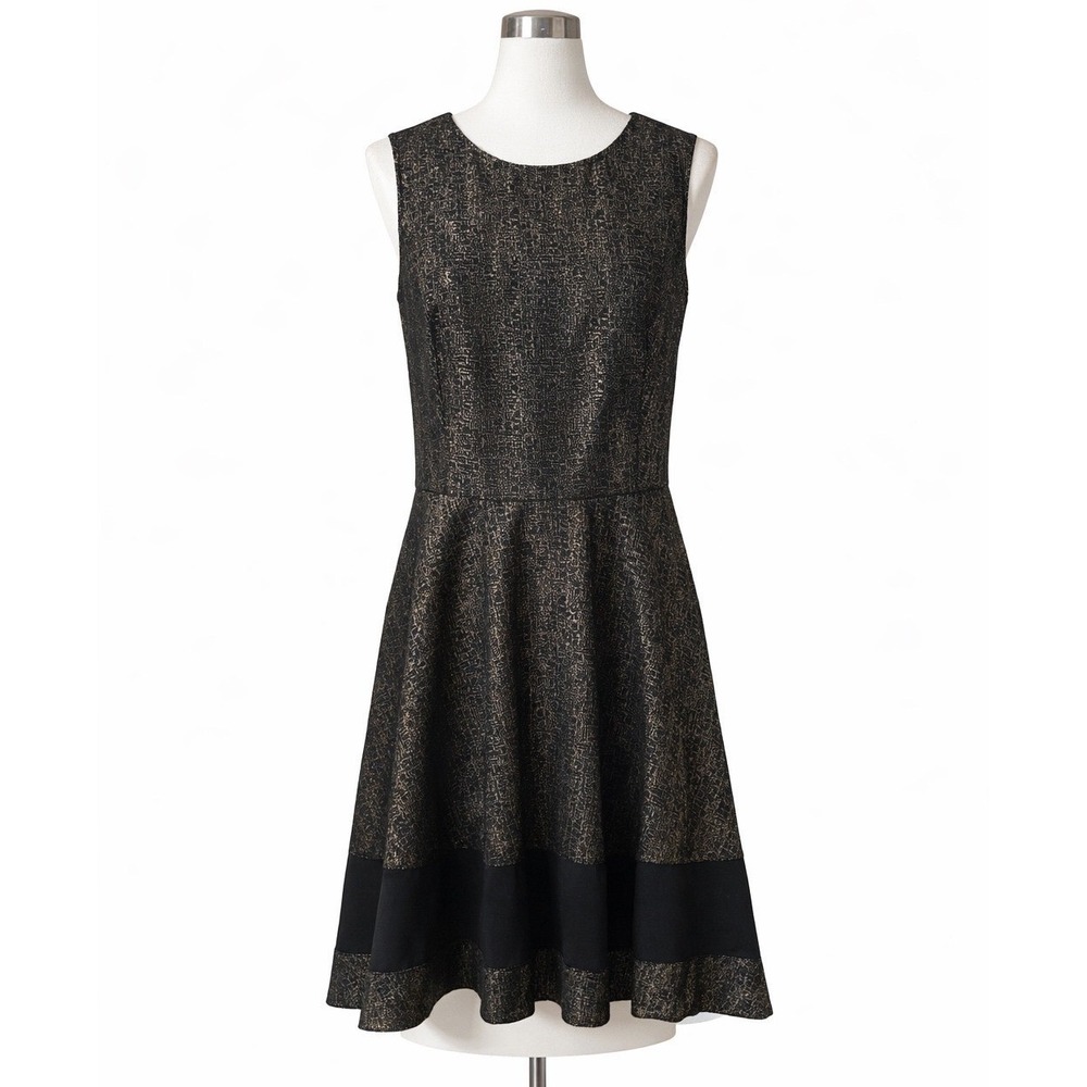 Necessary Objects Metallic Gold Black Fit Flare Dress Sleeveless Party Cocktail